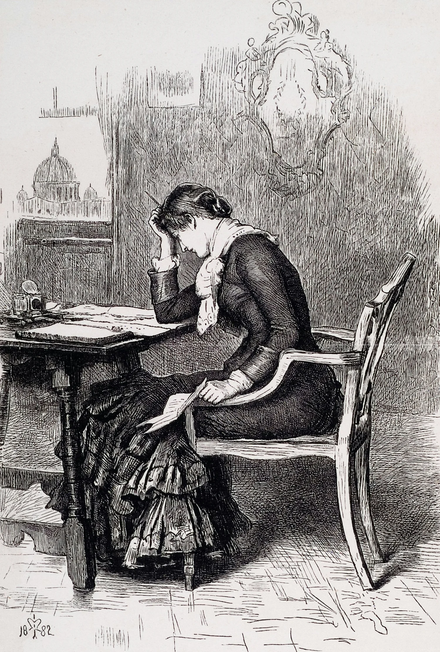 Nineteenth-century engraving of a woman at a writing desk with her head in her hand.